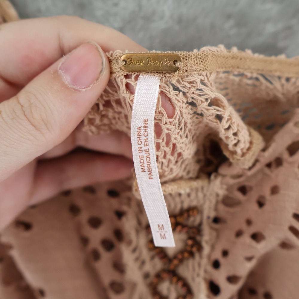 Free People Mini Dress Womens Med Brown Boho Eyelet Beaded Crochet Tunic Coverup - Picture 2 of 15